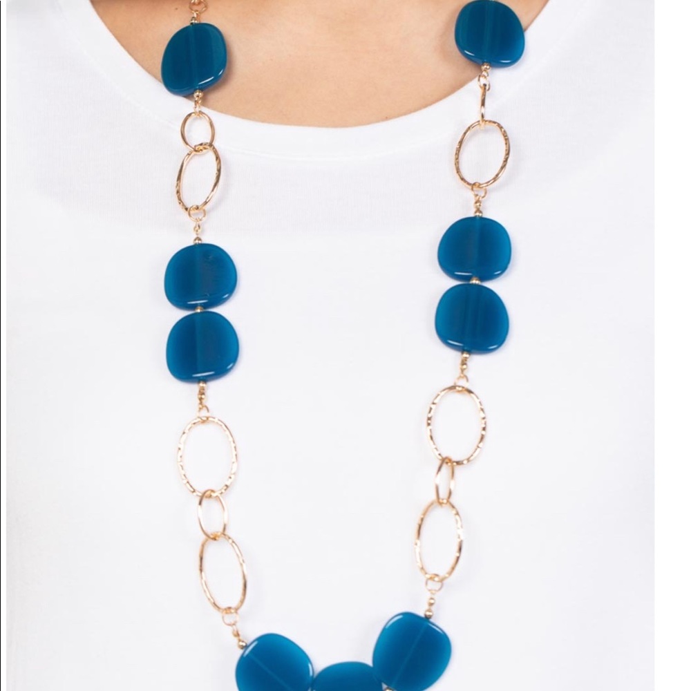Blue acrylic oversized textured gold links necklace with matching earrings
